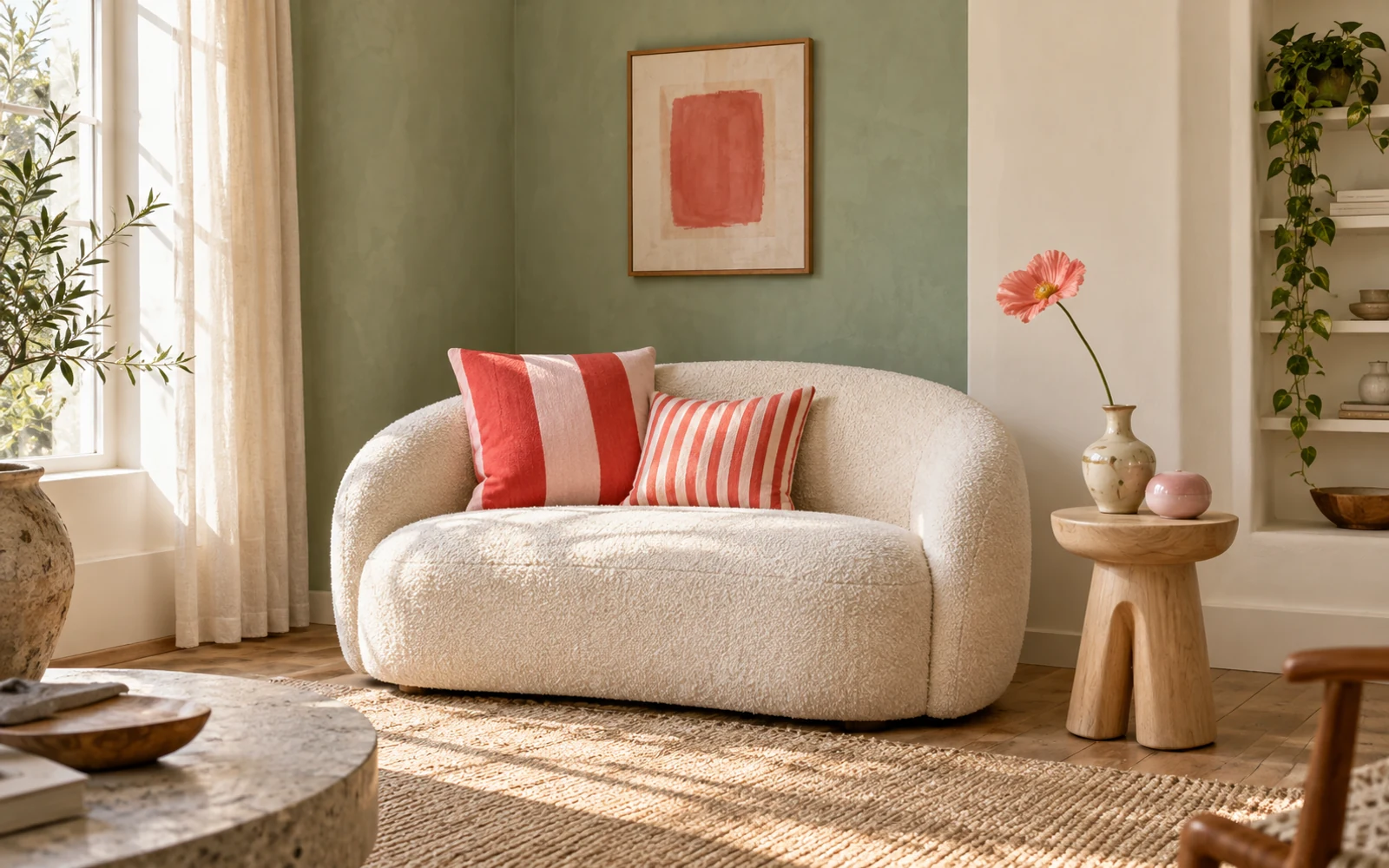A sunlit living room with a cream sofa, coral and blush cushions, and a sage-green wall