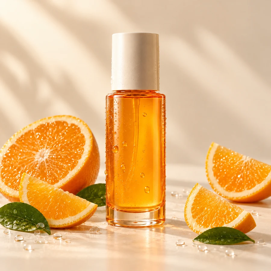 The same orange skincare bottle in a Ingredients shot concept