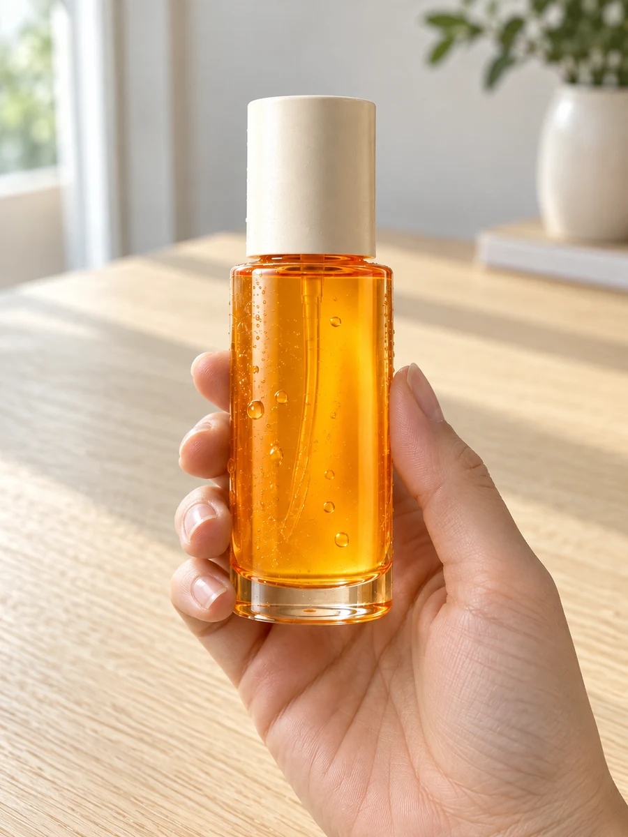 A hand holding an orange skincare bottle with an ivory cap above a wooden table