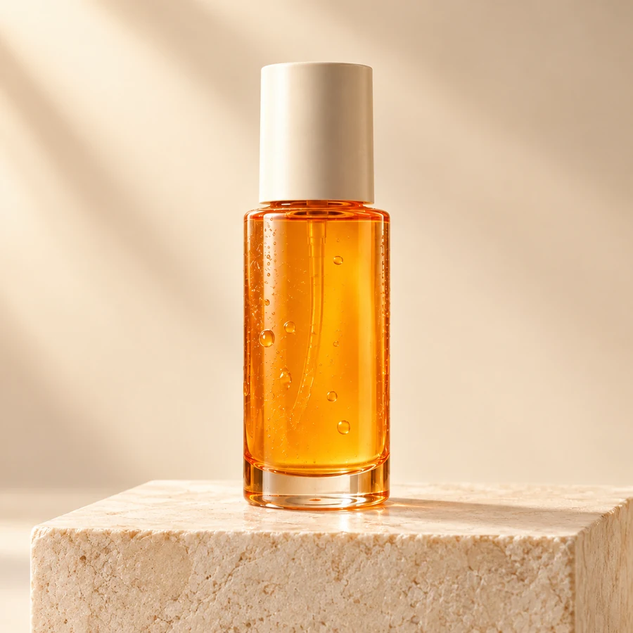 The same orange skincare bottle in a Studio shot concept