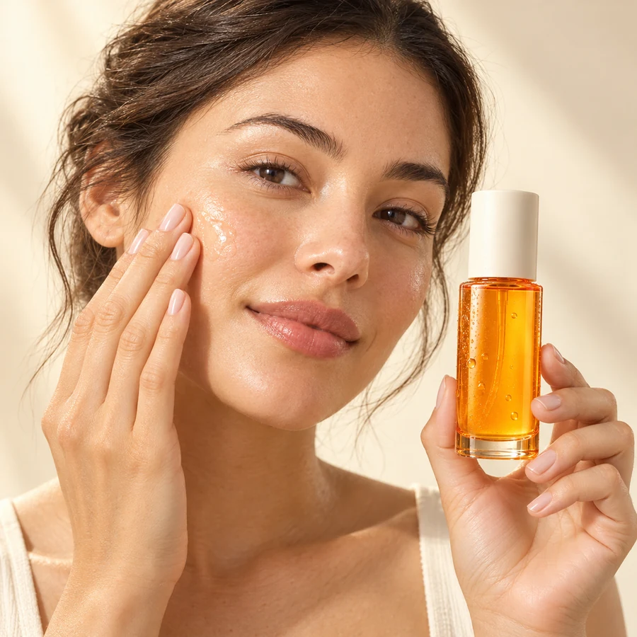 The same orange skincare bottle in a In use shot concept