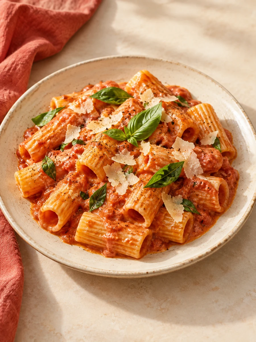 Rigatoni with tomato cream sauce, basil and Parmesan on an ivory plate