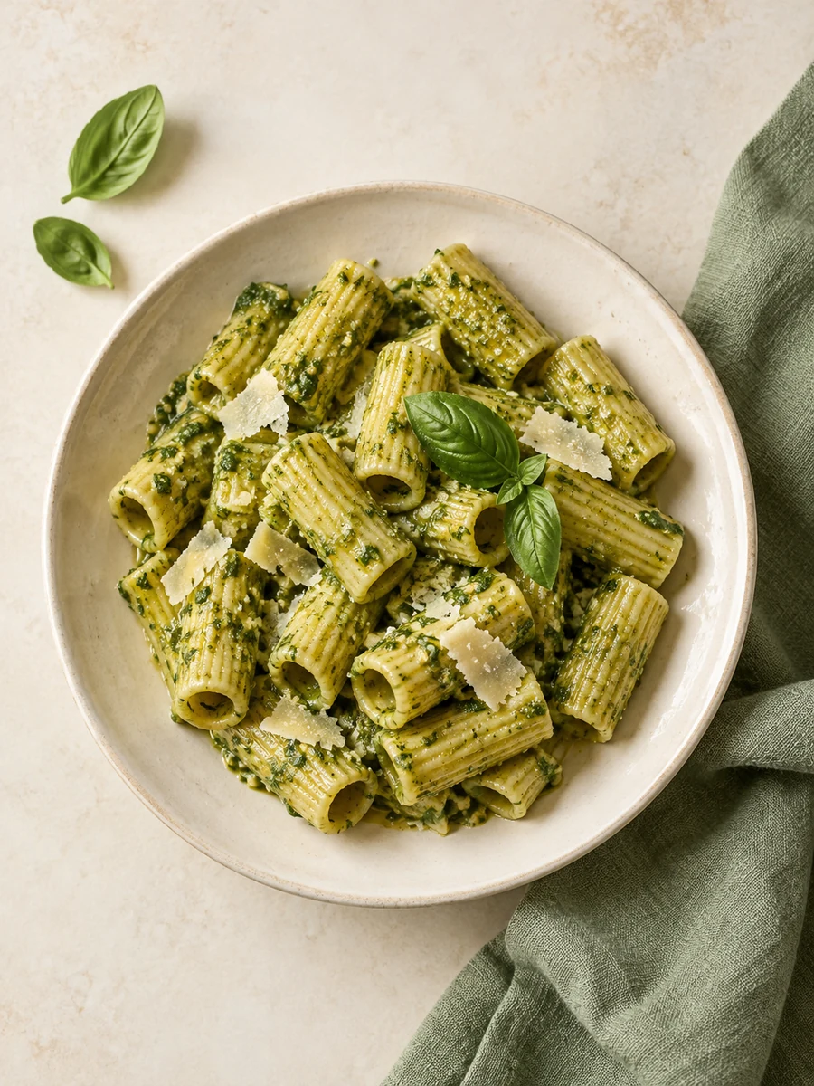 A top-down view of fresh basil pesto rigatoni on a cream and sage table setting