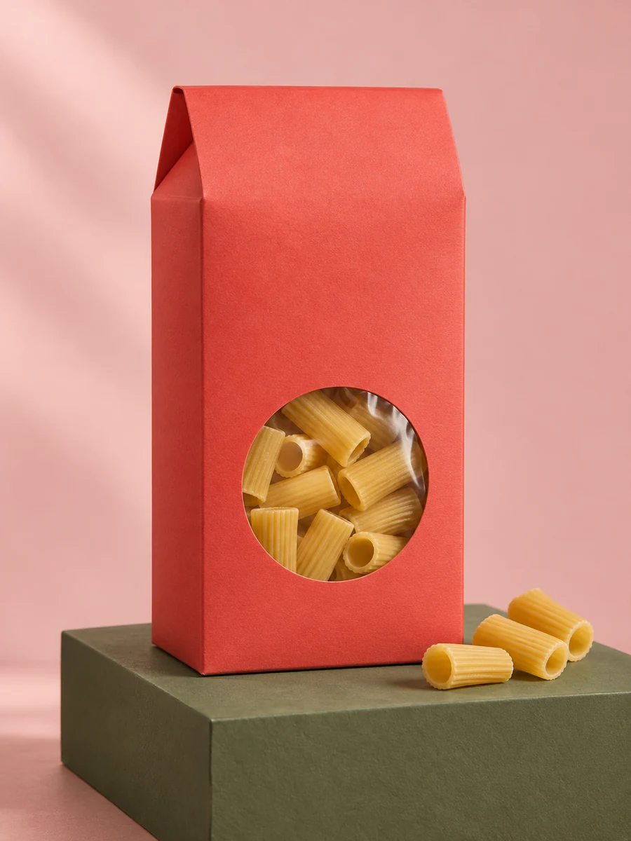A coral pasta box with a round window on a sage-green pedestal