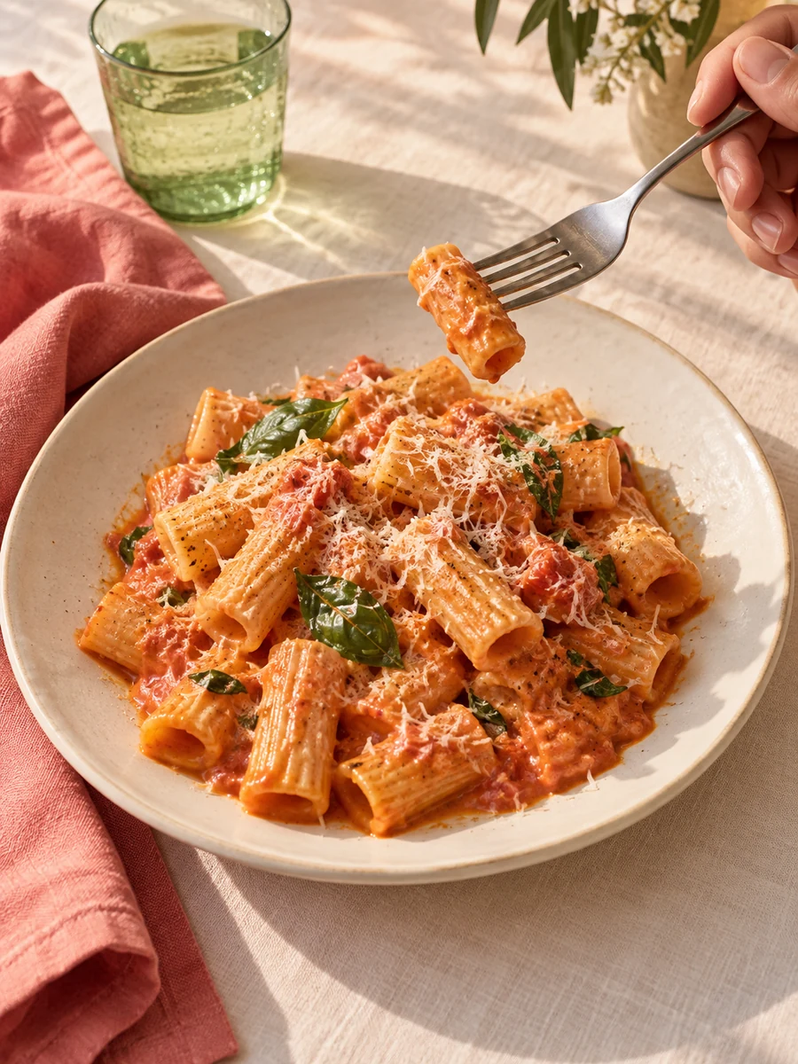 A fork lifting rigatoni at a sunlit table with coral linen and a green glass